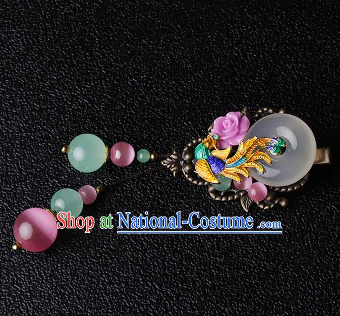 Chinese Traditional Hair Accessories National Hanfu Blueing Phoenix Tassel Jade Hair Stick for Women