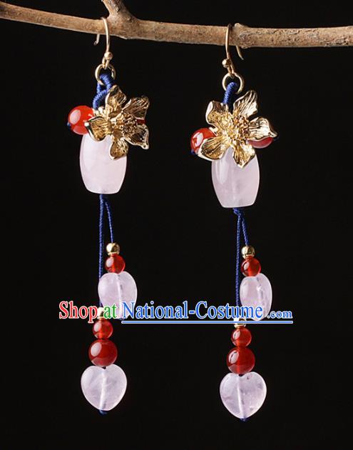 Chinese Traditional Jewelry Accessories National Hanfu Rose Chalcedony Tassel Earrings for Women