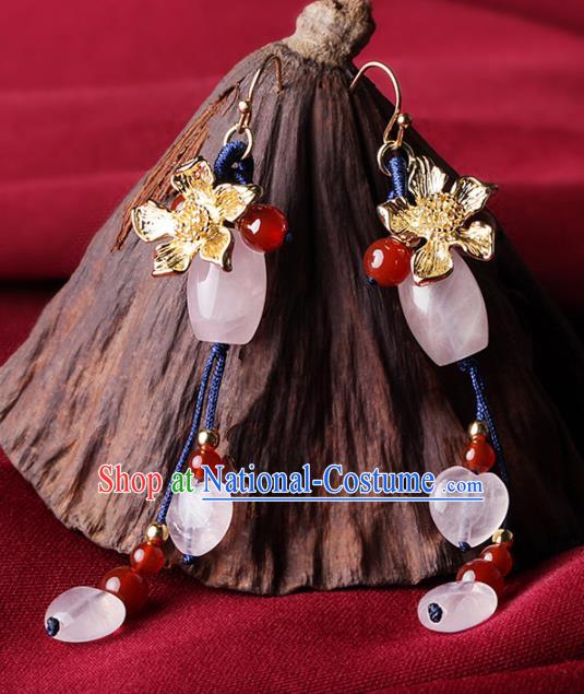 Chinese Traditional Jewelry Accessories National Hanfu Rose Chalcedony Tassel Earrings for Women