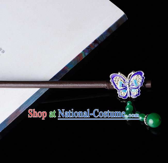 Chinese Traditional Hair Accessories National Hanfu Blueing Butterfly Wood Hairpins for Women