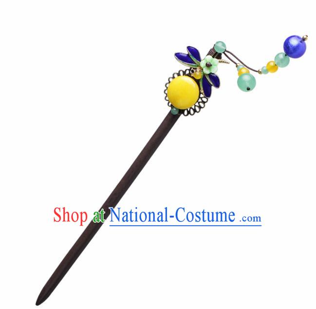 Chinese Traditional Hair Accessories National Hanfu Blueing Dragonfly Wood Hairpins for Women