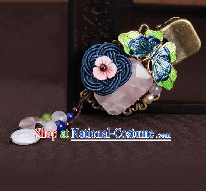 Chinese Traditional Hair Accessories National Hanfu Blueing Butterfly Rose Chalcedony Hair Claw for Women