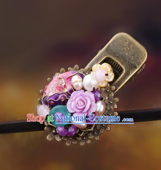 Chinese Traditional Hair Accessories National Hanfu Purple Flowers Pearls Hair Claw for Women