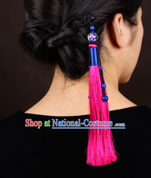 Chinese Traditional Hair Accessories Rosy Tassel Hair Clip National Hanfu Wood Hairpins for Women