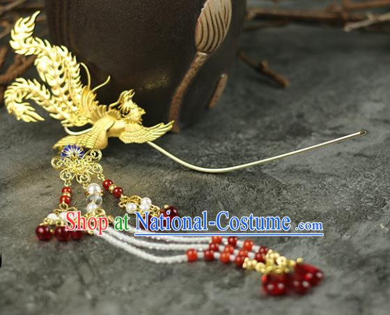 Handmade Chinese Traditional Golden Phoenix Tassel Hairpins Traditional Classical Hanfu Hair Accessories for Women