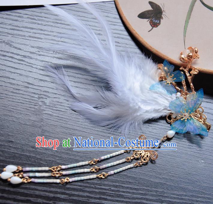 Handmade Chinese Traditional Blue Butterfly Feather Tassel Hair Claws Ancient Classical Hanfu Hair Accessories for Women