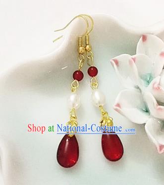 Chinese Ancient Handmade Red Agate Pearl Earrings Traditional Classical Hanfu Ear Jewelry Accessories for Women