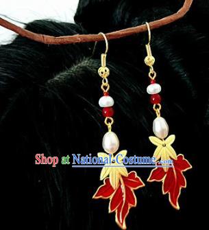 Chinese Ancient Handmade Maple Leaf Earrings Traditional Classical Hanfu Ear Jewelry Accessories for Women