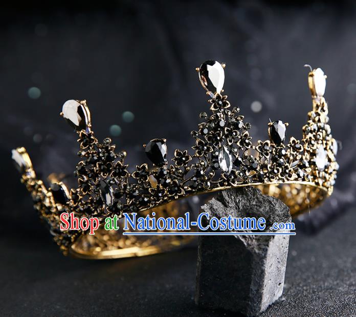 Handmade Top Grade Hair Accessories Baroque Black Round Royal Crown for Women