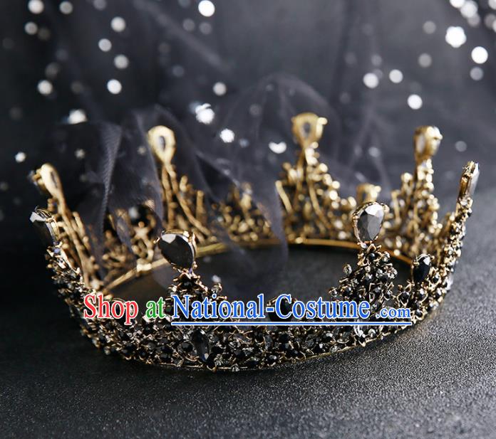 Handmade Top Grade Hair Accessories Baroque Black Round Royal Crown for Women