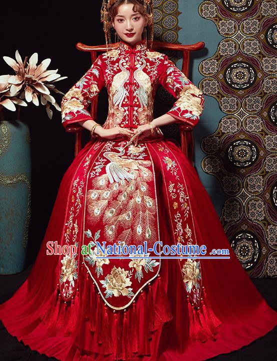 Chinese Traditional Wedding Costumes Embroidered Peacock Xiuhe Suits Ancient Bride Red Full Dress for Women