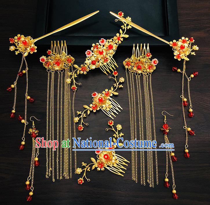 Chinese Ancient Traditional Hanfu Golden Hairpins Handmade Bride Classical Hair Accessories for Women