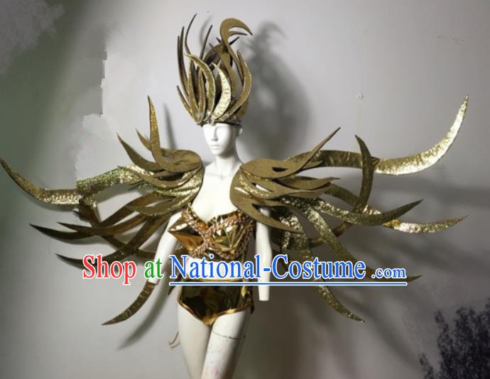 Brazilian Carnival Parade Costumes Halloween Catwalks Golden Clothing and Wings for Women