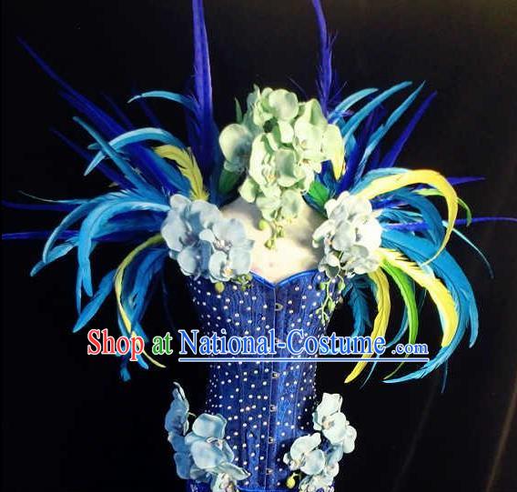 Brazilian Carnival Parade Costumes Halloween Catwalks Clothing and Blue Feather Wings for Women