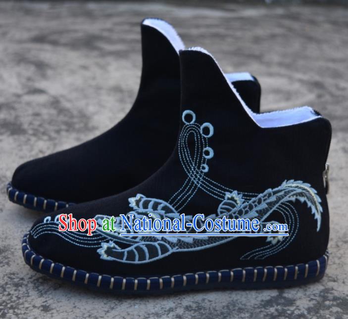 Chinese Traditional Boots Ancient Swordsman Shoes Embroidered Crocodile Black Shoes for Men