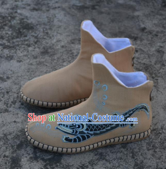 Chinese Traditional Boots Ancient Swordsman Shoes Embroidered Crocodile Khaki Shoes for Men