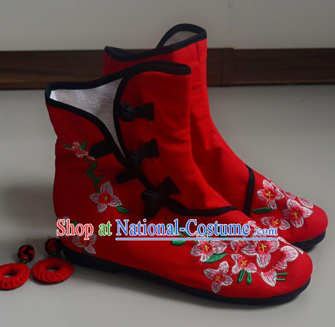 Chinese Traditional Hanfu Boots Ancient Shoes Embroidered Red Shoes for Women