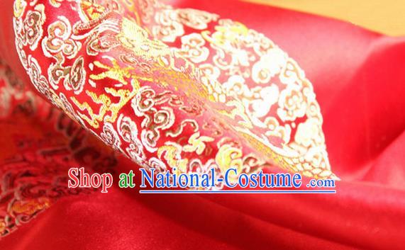 Asian Chinese Tang Suit Satin Material Traditional Dragons Pattern Design Red Brocade Silk Fabric