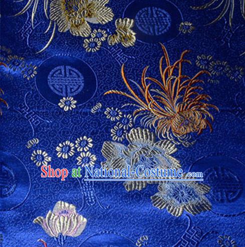 Asian Chinese Tang Suit Material Traditional Chrysanthemum Peony Pattern Design Royalblue Satin Brocade Silk Fabric