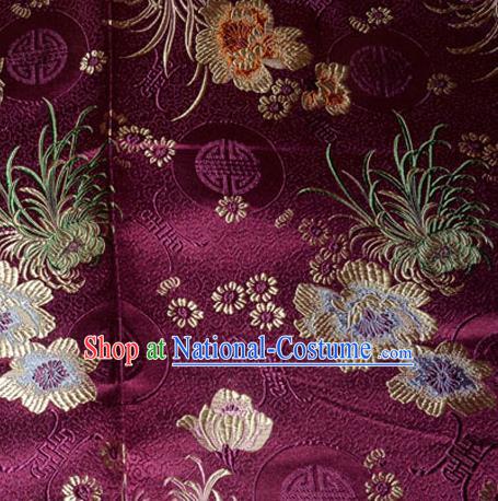 Asian Chinese Tang Suit Material Traditional Chrysanthemum Peony Pattern Design Purple Satin Brocade Silk Fabric