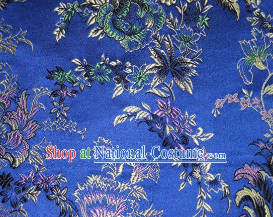 Asian Chinese Tang Suit Silk Fabric Royalblue Brocade Traditional Peony Pattern Design Satin Material