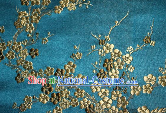 Asian Chinese Tang Suit Silk Fabric Peacock Blue Brocade Traditional Plum Blossom Pattern Design Satin Material