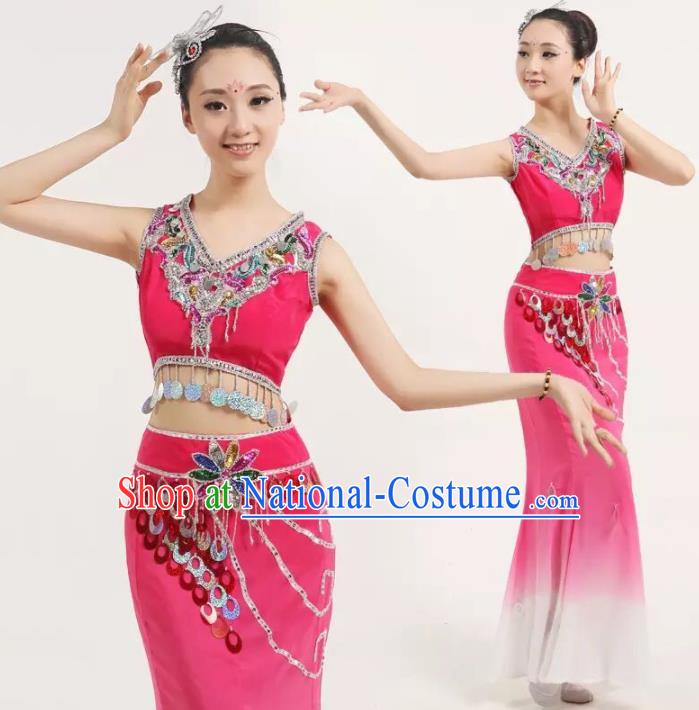 Chinese Traditional Classical Dance Costumes Stage Performance Peacock Dance Rosy Dress for Women