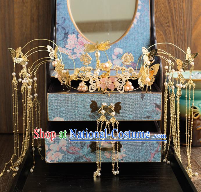 Chinese Ancient Wedding Hair Accessories Bride Golden Tassel Phoenix Coronet Hairpins Headwear for Women