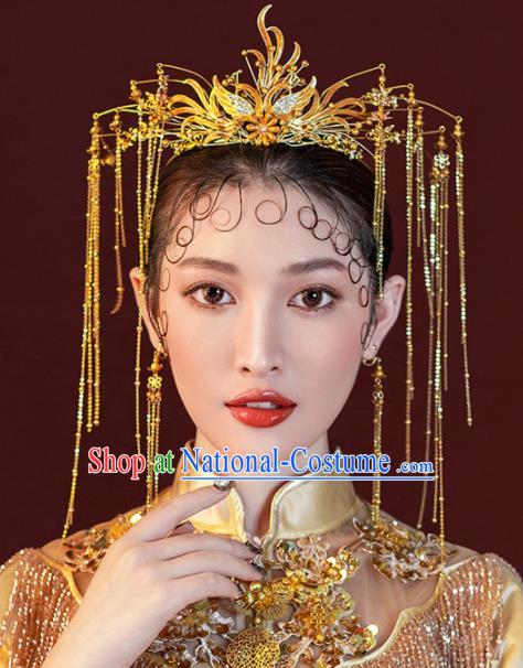 Chinese Ancient Wedding Hair Accessories Luxury Golden Tassel Phoenix Coronet Bride Hairpins Headwear for Women