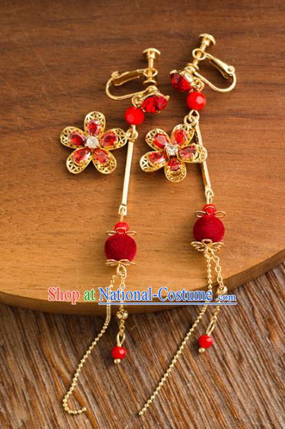 Handmade Wedding Red Crystal Ear Accessories Top Grade Bride Hanfu Tassel Earrings for Women