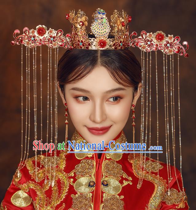 Chinese Ancient Bride Red Phoenix Coronet Wedding Hair Accessories Palace Hairpins Headwear for Women