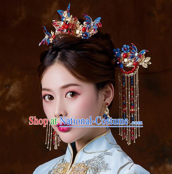 Chinese Ancient Wedding Blue Butterfly Hair Accessories Bride Tassel Hairpins Headwear for Women