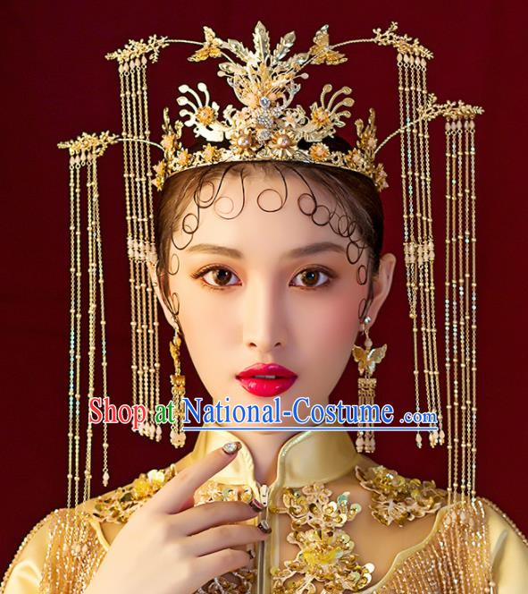 Chinese Ancient Wedding Hair Accessories Bride Golden Tassel Phoenix Coronet Hairpins Headwear for Women