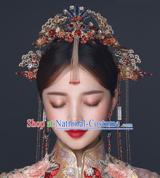 Chinese Ancient Wedding Hair Accessories Bride Blueing Phoenix Coronet Tassel Hairpins Headwear for Women