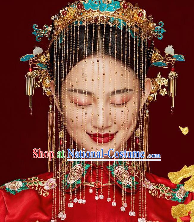 Chinese Ancient Palace Bride Blueing Phoenix Coronet Wedding Hair Accessories Tassel Hairpins Headwear for Women