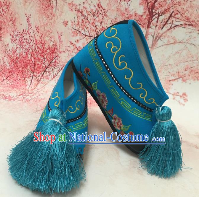 Traditional Chinese Shoes Ancient Princess Blue Shoes Beijing Opera Boots for Women