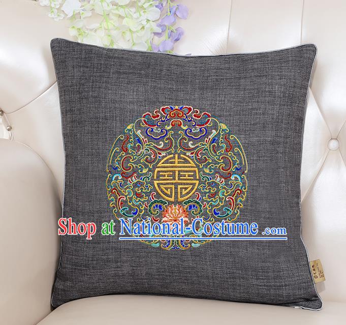 Chinese Classical Household Ornament Traditional Handmade Embroidered Grey Linen Cushion