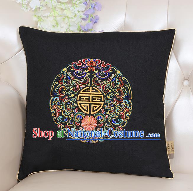 Chinese Classical Household Ornament Traditional Handmade Embroidered Black Linen Cushion