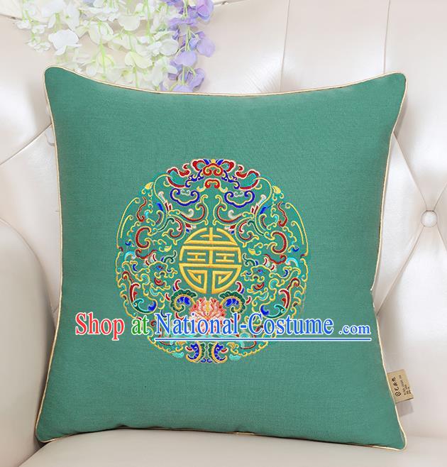 Chinese Classical Household Ornament Traditional Handmade Embroidered Green Linen Cushion