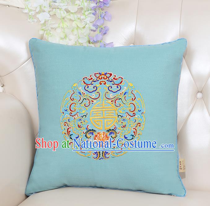 Chinese Classical Household Ornament Traditional Handmade Embroidered Blue Linen Cushion