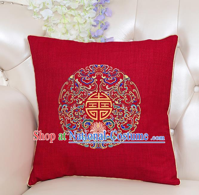 Chinese Classical Household Ornament Traditional Handmade Embroidered Red Linen Cushion