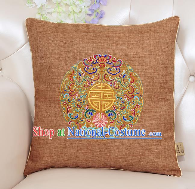 Chinese Classical Household Ornament Traditional Handmade Embroidered Earthy Yellow Linen Cushion