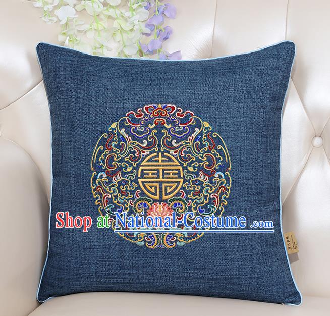 Chinese Classical Household Ornament Traditional Handmade Embroidered Navy Linen Cushion