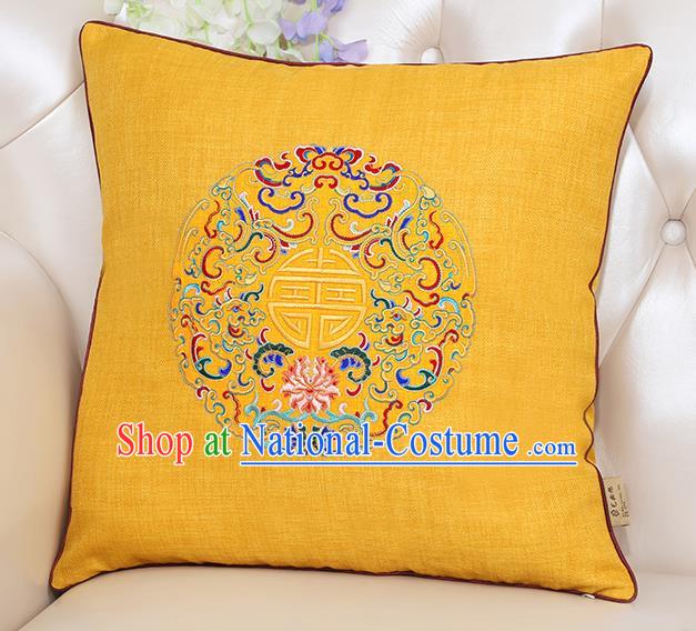 Chinese Classical Household Ornament Traditional Handmade Embroidered Yellow Linen Cushion