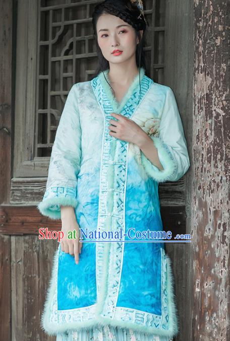 Chinese Traditional Costumes National Upper Outer Garment Blue Silk Qipao Coat for Women