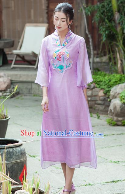 Chinese Traditional Costumes National Qipao Dress Classical Lilac Silk Cheongsam for Women