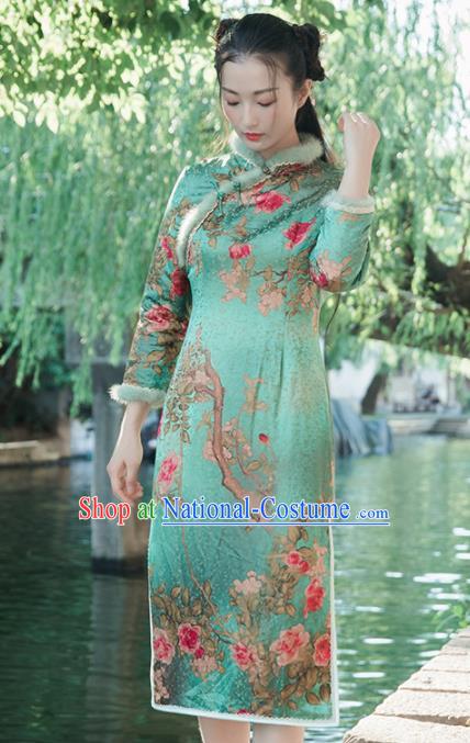 Chinese Traditional Costumes National Qipao Dress Mink Wool Green Cheongsam for Women