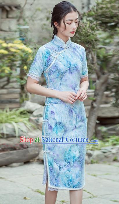 Chinese Traditional Costumes National Tang Suit Blue Qipao Dress Classical Cheongsam for Women