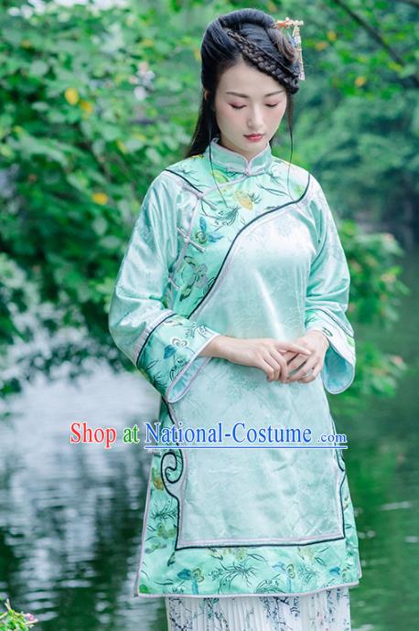 Chinese Traditional Costumes National Upper Outer Garment Green Silk Qipao Coat for Women