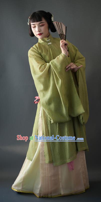 Chinese Traditional Ancient Ming Dynasty Historical Costumes Green Blouse and Beige Skirt Complete Set for Women